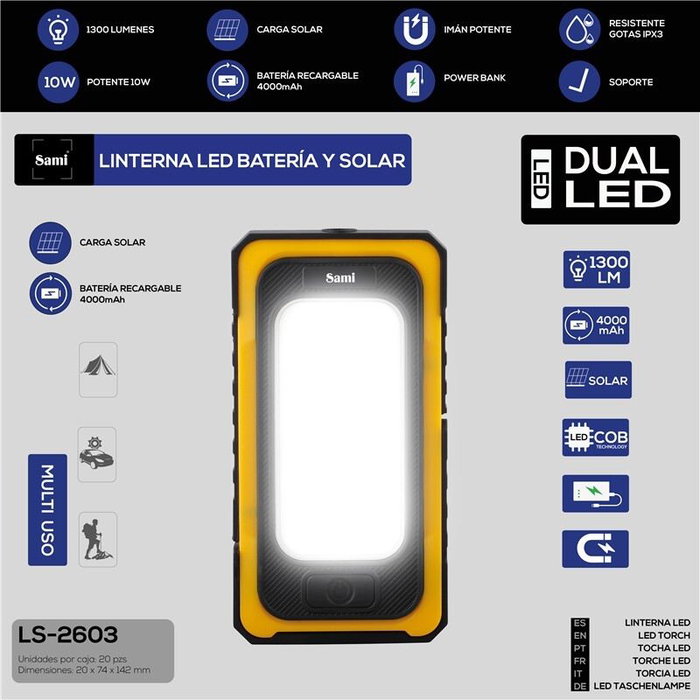 SAMI Linterna LED recargable y solar con imán y powerbank