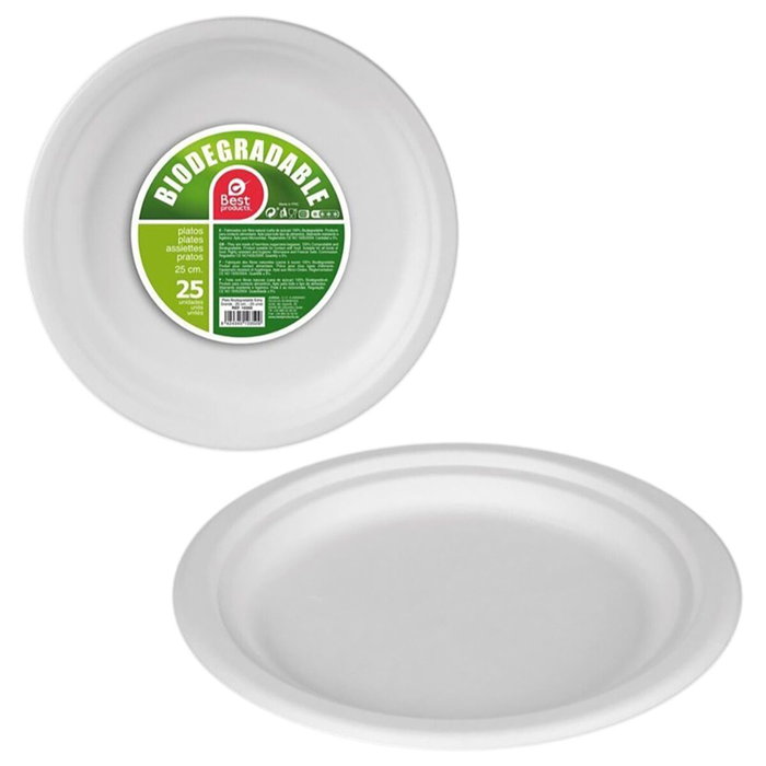 Best Products Platos de cartón blancos caña de azúcar Ø25 cm 25 unidades biodegradables extra grandes Best Products Platos de cartón blancos caña de azúcar Ø25 cm 25 unidades biodegradables extra grandes