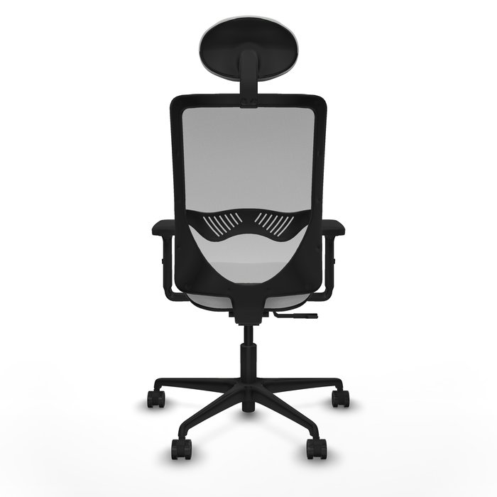 Silla de oficina Zulema con mecanismo Sincro tapizada con Tela color Blanco y malla color Gris. Equipada con lumbar 1D, Brazos 2D, Cabecero Fijo y Ruedas 65mm nailon