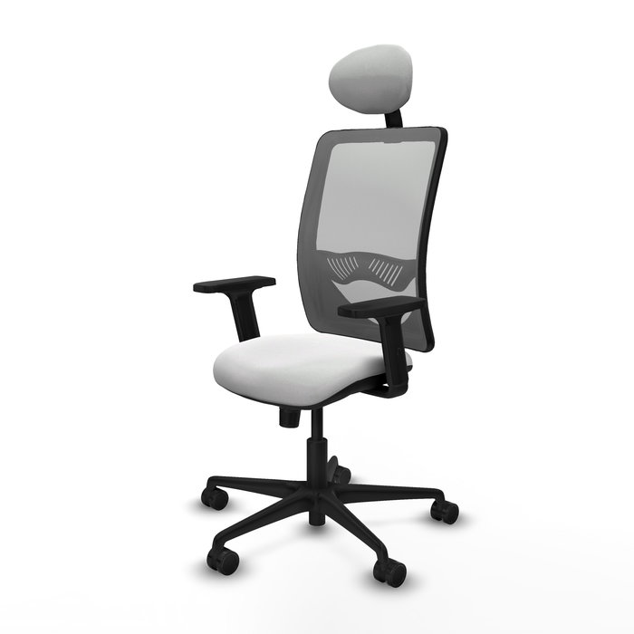 Silla de oficina Zulema con mecanismo Sincro tapizada con Tela color Blanco y malla color Gris. Equipada con lumbar 1D, Brazos 2D, Cabecero Fijo y Ruedas 65mm nailon