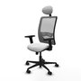 Silla de oficina Zulema con mecanismo Sincro tapizada con Tela color Blanco y malla color Gris. Equipada con lumbar 1D, Brazos 2D, Cabecero Fijo y Ruedas 65mm nailon
