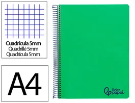 Liderpapel Cuaderno Espiral A4 Micro Wonder Tapa Plástico 120 Hojas 90gr Cuadro 5mm 5 Bandas 4 Taladros Color Verde Oscuro