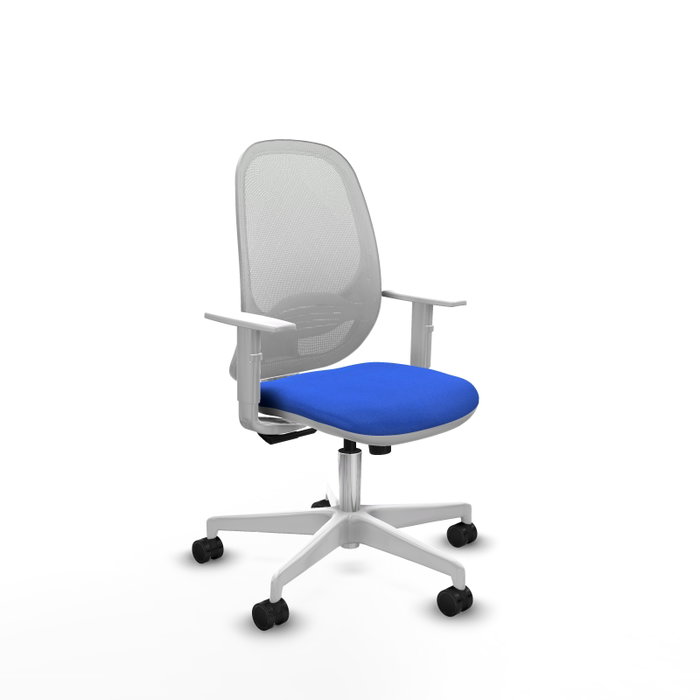 Silla de oficina Cilanco con mecanismo Sincro tapizada con Tela color Azul y malla color Blanco. Equipada con lumbar 1D, Reposabrazos blancos y Ruedas 65mm nailon Silla de oficina Cilanco con mecanismo Sincro tapizada con Tela color Azul y malla color Blanco. Equipada con lumbar 1D, Reposabrazos blancos y Ruedas 65mm nailon