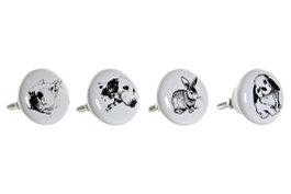 DKD Home Decor Set de Pomos de Cerámica y Metal 4x6,5x4 con Diseños de Perro y Conejo Surtido de 4
