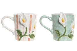 DKD Home Decor Set de 4 Tazas de Dolomita Lirio Blanco y Azul Celeste
