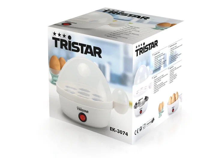 Tristar EK-3074 Cocedor de Huevos Automático, 7 Huevos, 350 W, con Vaso Medidor y Perforador, Blanco y Transparente