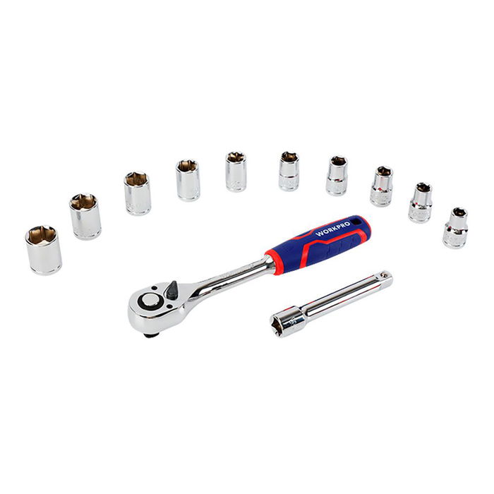 Workpro Juego de Carraca y Vasos ½ Pulg, 12 Piezas, Acabado Brillante, Métrico - Incluye Llave, Vasos 10-22 mm y Barra Extensión 127 mm