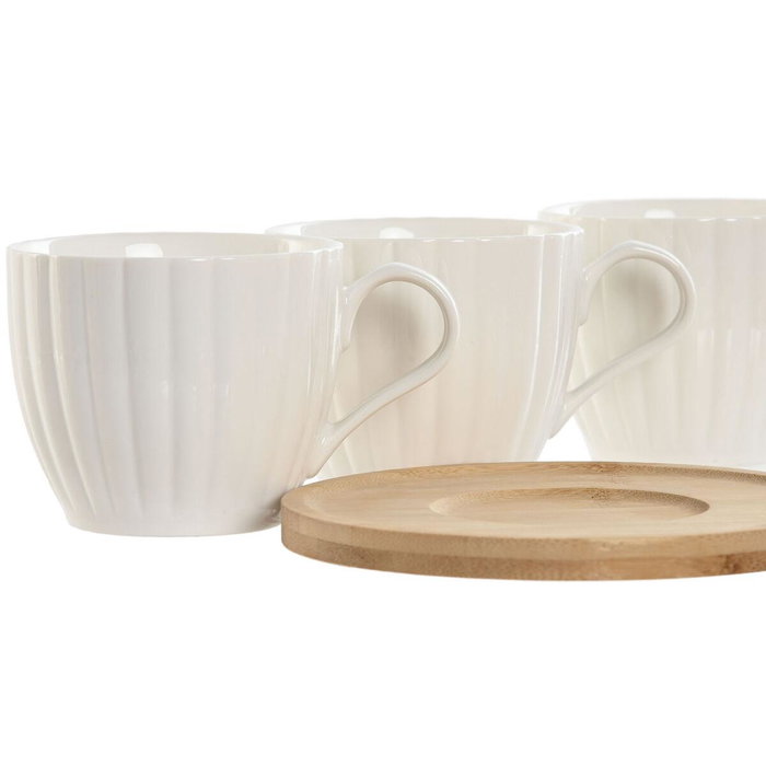 DKD Home Decor Tazas de Cafe de Porcelana y Bambu Blancas Naturales Set de 6 Piezas 220ml 8 x 7 x 11 cm