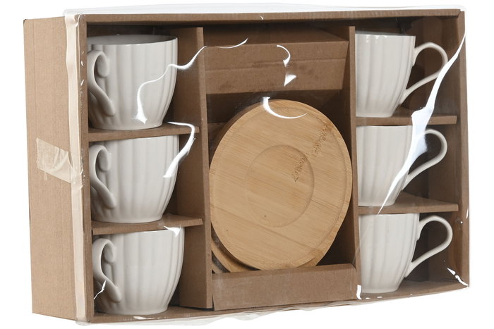 DKD Home Decor Set de 6 Tazas de Café de Porcelana y Bambú Blancas Naturales 220ml