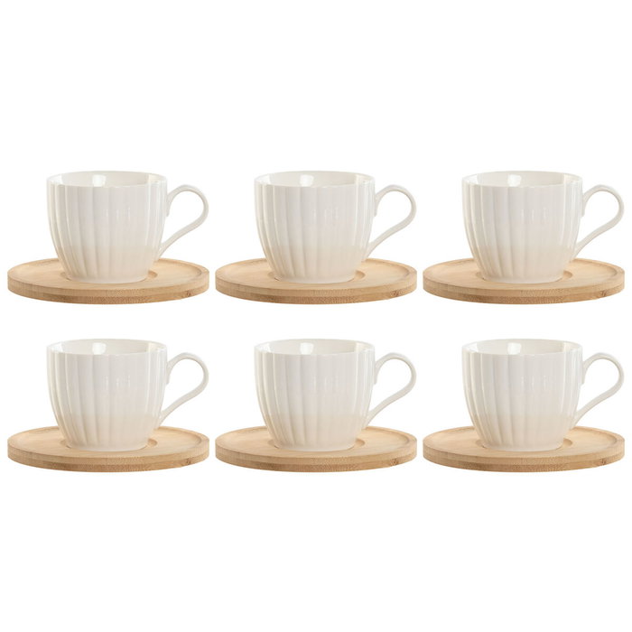 DKD Home Decor Set de 6 Tazas de Café de Porcelana y Bambú Blancas Naturales 220ml