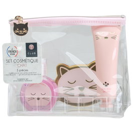Cosmetic Club Juego de 3 Piezas Cosmética Gato Neceser Transparente con Espejo, Crema de Manos Vainilla 30ml, Hidrogel Lilas 35ml, Medidas 15x7x12.5cm
