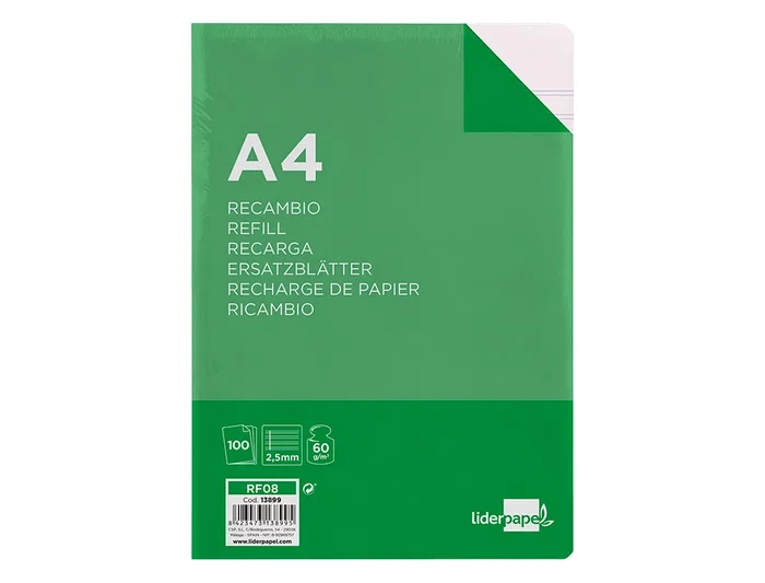 Liderpapel Recambio A4 100 Hojas 60gr Pauta 5ª 2.5mm con Margen 4 Taladros