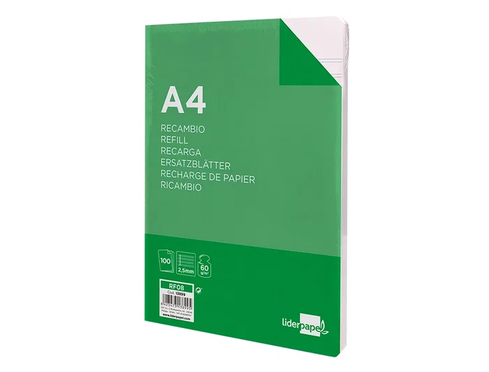 Liderpapel Recambio A4 100 Hojas 60gr Pauta 5ª 2.5mm con Margen 4 Taladros