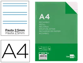 Liderpapel Recambio A4 100 Hojas 60gr Pauta 5ª 2.5mm con Margen 4 Taladros