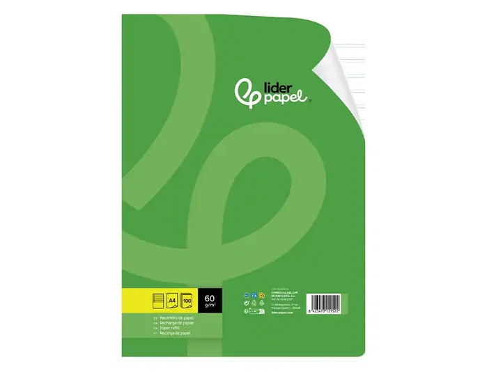 Liderpapel Recambio A4 100 hojas 60gr pauta 5ª 2.5mm con margen 4 taladros