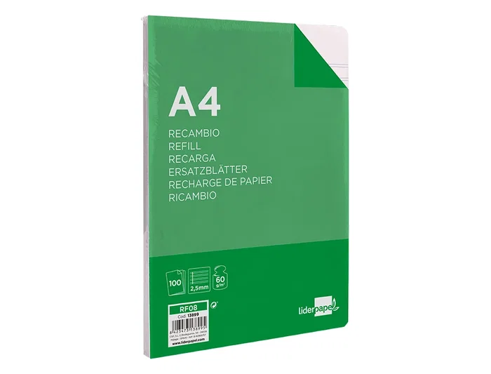 Liderpapel Recambio A4 100 Hojas 60gr Pauta 5ª 2.5mm con Margen 4 Taladros