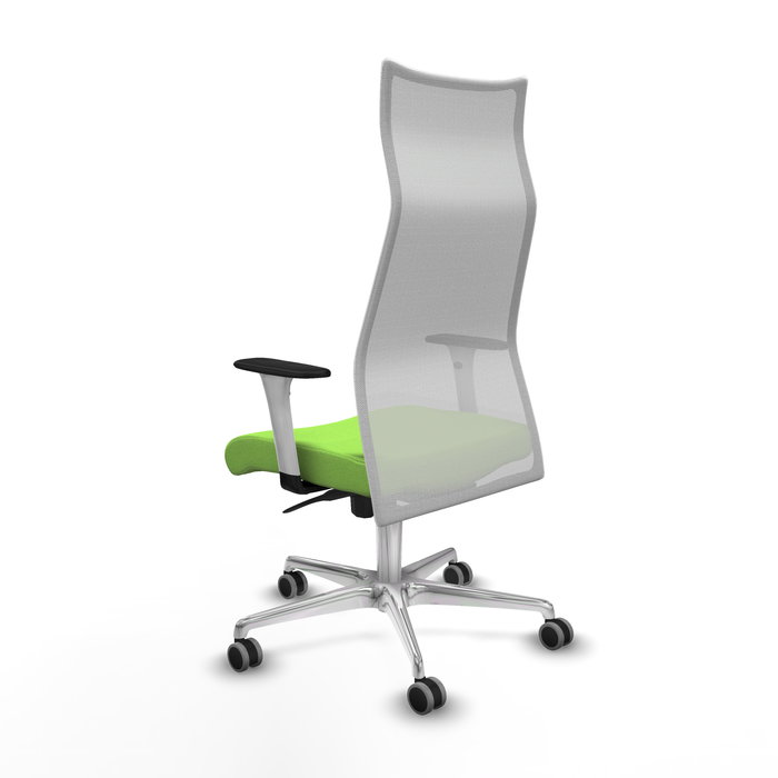 Sillón Albacete con mecanismo Sincro tapizada con Tela color Pistacho y malla color Blanco. Equipado con Base aluminio, Brazos 1D y Ruedas 65 mm parqué