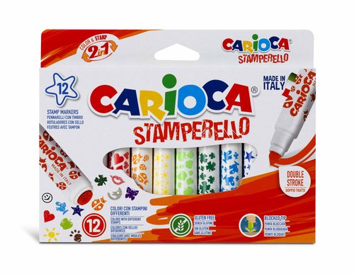 Carioca Stamperello Caja de 12 Rotuladores de Colores Surtidos con Doble Punta y Sello
