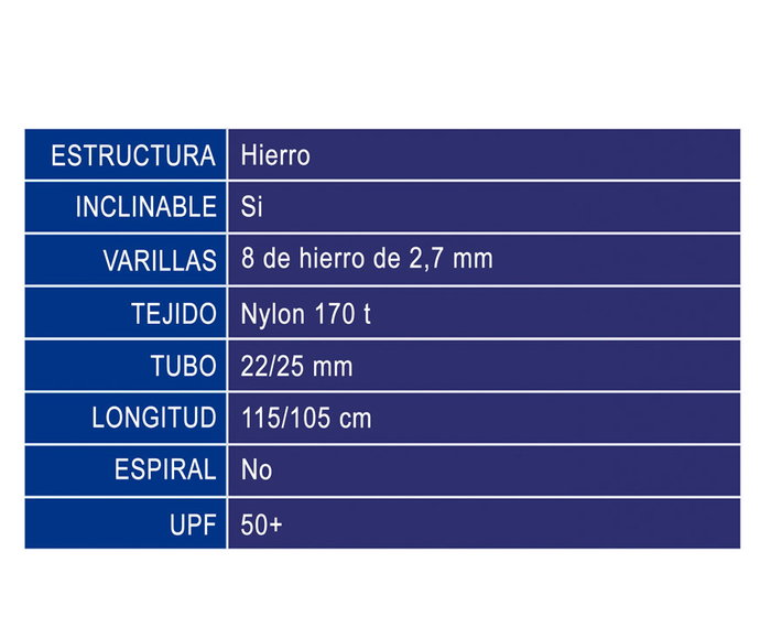 Parasol Arcoiris 200 cm Orient. Hierro Nylon Upf50+ 170T 22-25 mm