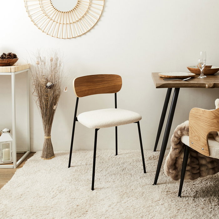 Home Deco Factory Silla Tapizado Rizo Colección Natural Patas Hierro Asiento Borreguito Medidas 46x48xh78.3cm