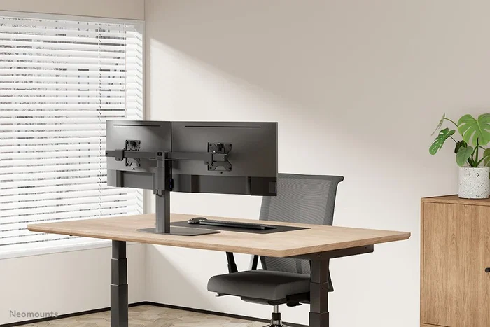 Neomounts FPMA-D865DBLACK Soporte para 2 Monitores de hasta 27" - Brazo de escritorio con resorte de gas, ajuste de altura, inclinación y giro, gestión de cables, VESA 75/100, Negro