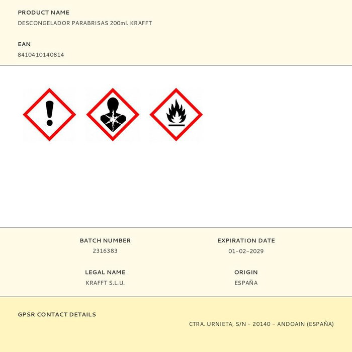 Krafft Descongelador Parabrisas 200ml - Elimina Hielo y Escarcha Rápidamente de Cristales y Faros