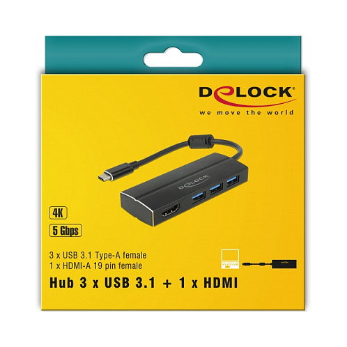 DeLOCK 63931 Hub USB-C con 3 puertos USB 3.2 Gen 1 Tipo-A y 1 HDMI 4K DeLOCK 63931 Hub USB-C con 3 puertos USB 3.2 Gen 1 Tipo-A y 1 HDMI 4K