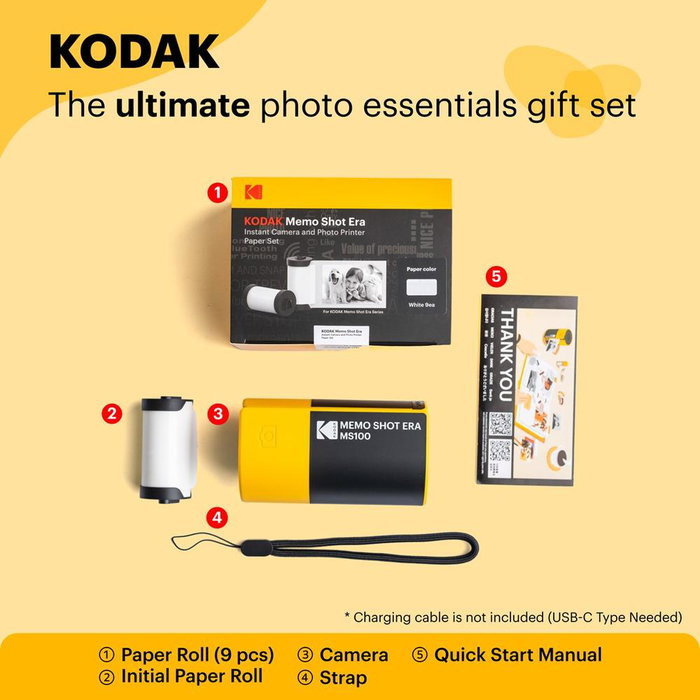Kodak Cámara Fotos Instantánea MemoShot Era MS100 Térmica Bluetooth USB-C con 9 Rollos de Papel - Combo