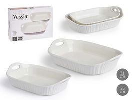 Vessia Set 2 Bandejas Rectangulares con Asas Abiertas en Porcelana Blanca, 35x24x8.5 cm y 30x20x7.5 cm (Set de 6)