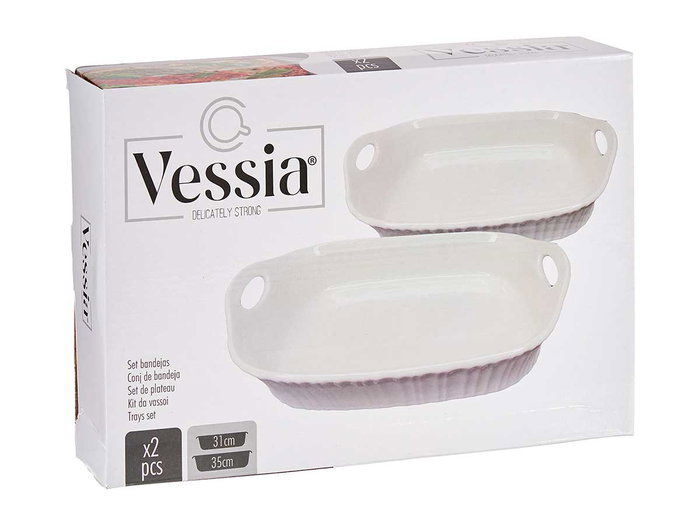 VESSIA Set de 2 Bandejas Rectangulares Asas Abiertas Blanco Porcelana