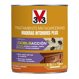 V33 Tratamiento Matacarcomas Maderas Interiores Plus - 2,5 l - Incoloro - Tratamiento Curativo y Preventivo para Madera Interior, Rendimiento 12 m², Secado Completo 48 h