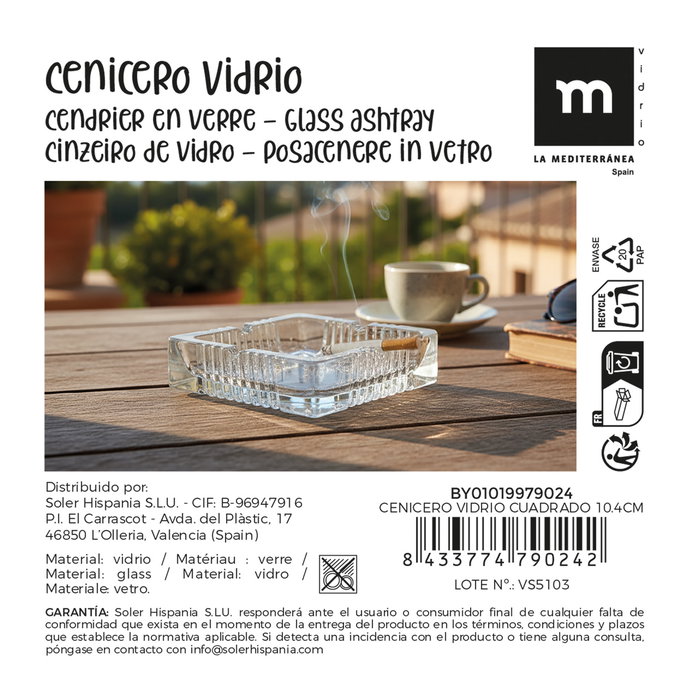 Inde Cenicero de Vidrio Cuadrado para Exterior o Interior, 11.2 cm x 11.2 cm x 4.1 cm, Color Transparente (36 Unidades)