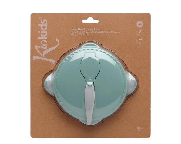 KioKids Set Cuenco y Cuchara Antivuelco con Ventosa 300 ml +6 meses Color Sage