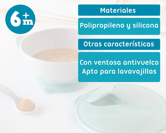 KioKids Set Cuenco y Cuchara Antivuelco con Ventosa 300 ml +6 meses Color Sage