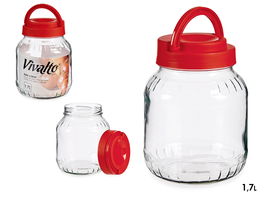 Vivalto Bote de Vidrio con Tapa Roja, 1.7L, Transparente/Rojo, 13.5x17.5x13.5 cm (Set de 6)