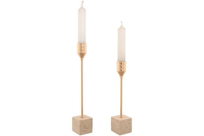 DKD Home Decor Candelabro Dorado Beige Metal y Mármol Travertino Set de 2 4x25x4 cm