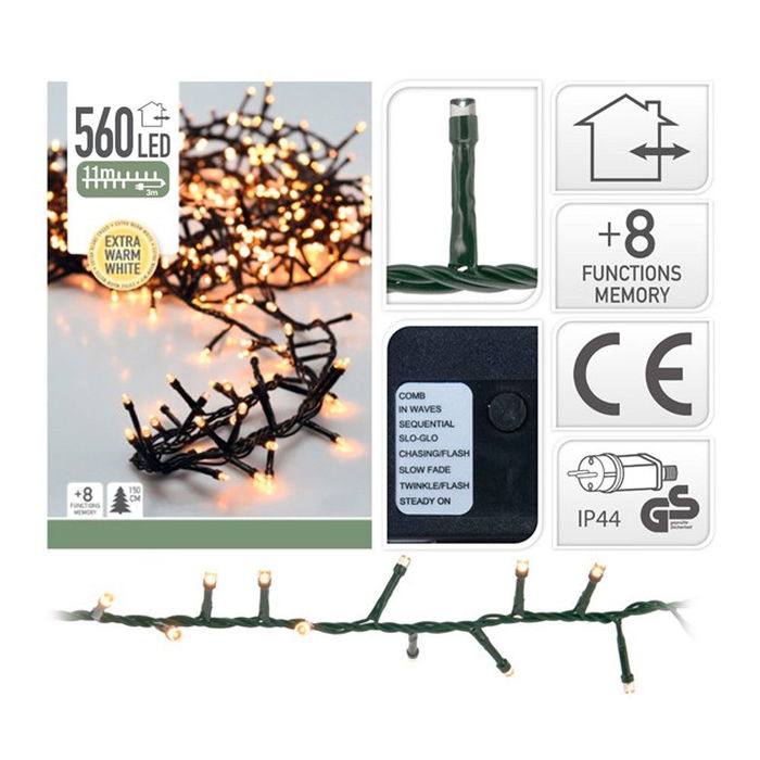 Guirnalda LED Multifunción Tipo Espino 560 LEDs Luz Cálida 11m IP44 Exterior con 8 Efectos Intermitentes y Temporizador 8h/16h, Cable Verde 3m