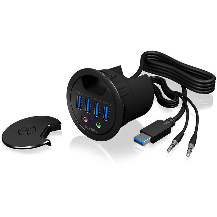 ICY BOX IB-HUB1403A Hub USB 3.0 de sobremesa con 4 puertos Type-A y entrada/salida de audio, Negro