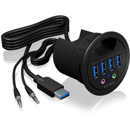 ICY BOX IB-HUB1403A Hub USB 3.0 de sobremesa con 4 puertos Type-A y entrada/salida de audio, Negro