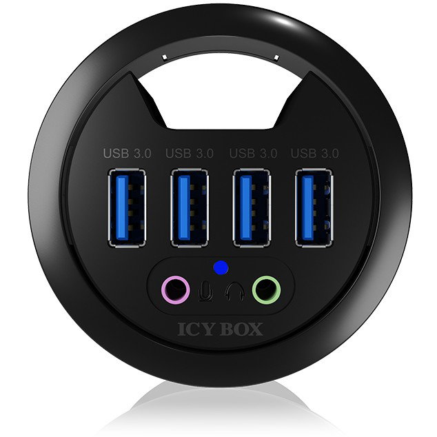 ICY BOX IB-HUB1403A Hub USB 3.0 de sobremesa con 4 puertos Type-A y entrada/salida de audio, Negro