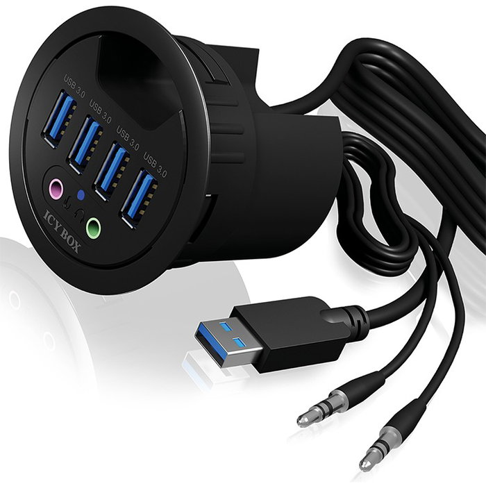 ICY BOX IB-HUB1403A Hub USB 3.0 de sobremesa con 4 puertos Type-A y entrada/salida de audio, Negro