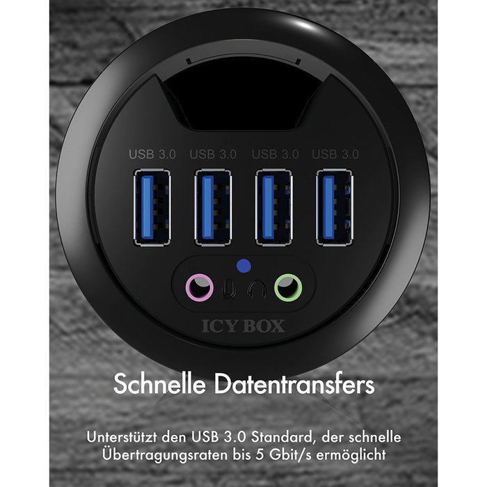 ICY BOX IB-HUB1403A Hub USB 3.0 de sobremesa con 4 puertos Type-A y entrada/salida de audio, Negro