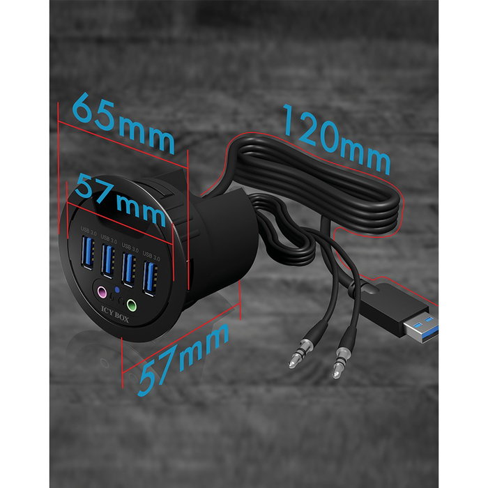 ICY BOX IB-HUB1403A Hub USB 3.0 de sobremesa con 4 puertos Type-A y entrada/salida de audio, Negro