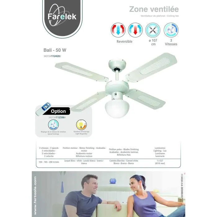 Farelek Bali Ø 107 cm - Ventilador de Techo Reversible, 4 Palas Blancas, Bastones Blancos con Iluminación - 112420