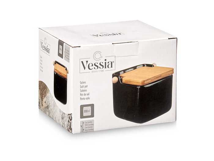 Vessia Salero de Cerámica Negra con Tapa de Bambú, 14,5x11,5 cm, 800 ml (Set de 6)