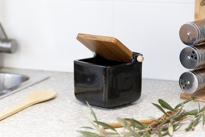 Vessia Salero de Cerámica Negra con Tapa de Bambú, 14,5x11,5 cm, 800 ml (Set de 6)