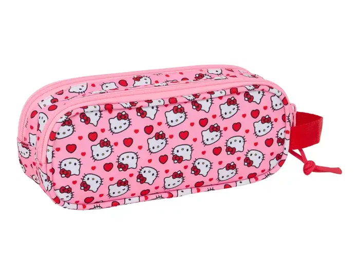 Safta Bolso Escolar Portatodo Doble, Colección Hello Kitty, Estuche con Dos Cremalleras, Dimensiones 80x210x60 mm