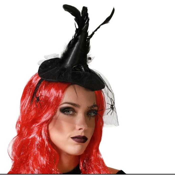 Atosa Accesorio Diadema Sombrero de Bruja Negro con Velo, Plumas y Arañas para Adulto