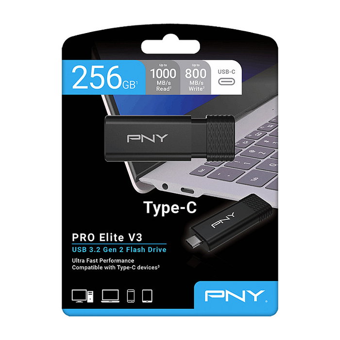 PNY PRO Elite V3 USB 3.2 Gen 1 - 256 GB - Negro - Unidad Flash USB Tipo C Lectura 1000 MB/s - Llavero