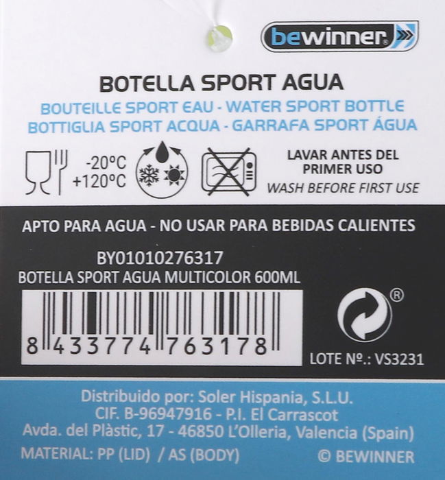 Bewinner Botella Sport Agua Multicolor 600 ml (12 Unidades)
